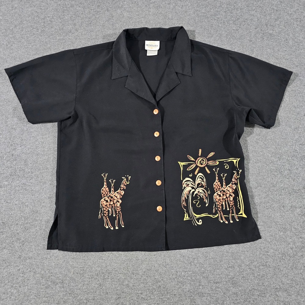 TR Bentley Mens Giraffe Palm Tree Graphic Camp Shirt Black CCM-KM102 Size L